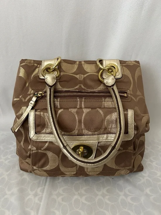 Coach Hampton Brown/Gold Signature Double Handles Travel Tote Bag Purse 🌺🌺 - Picture 1 of 14